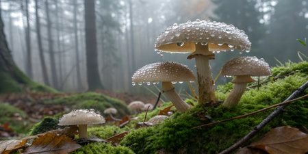 Closeup of several mushrooms covered in water droplets, nestled on vibrant green moss in a foggy woodland settingの素材