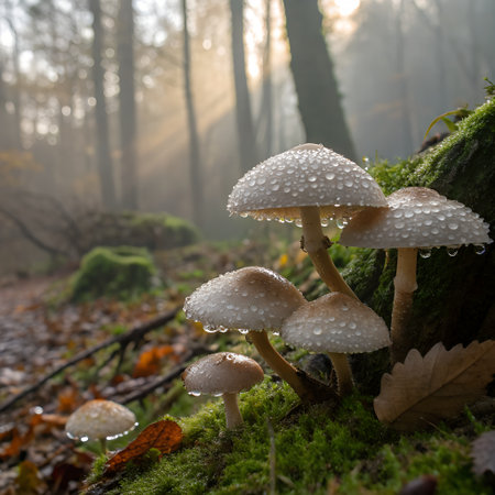Dew drops on a cluster of mushrooms growing on mossy ground in a misty forest during autumn with sunbeams filtering through the treesの素材