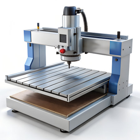 A modern cnc milling machine with a cutting tool positioned over the worktable, ready for precision manufacturing and fabrication tasksの素材