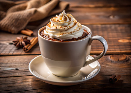 Cozy cup of hot chocolate topped with whipped cream and cinnamon, served on a rustic wooden table with cinnamon sticks and a knitted scarf in the backgroundの素材