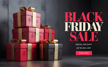 Black friday sale with stacked gift boxes and promotional text, highlighting discounts and purchasesの素材