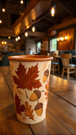 A decorative paper cup adorned with autumn leaves and acorns, placed on a wooden table inside a cozy cafe with warm lighting in the backgroundの素材