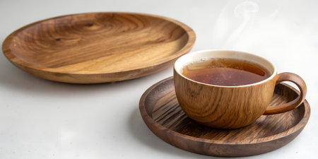 A warm cup of tea in a wooden mug sits on a saucer next to a wooden plate, presented on a lightcolored surface, highlighting natural materialsの素材
