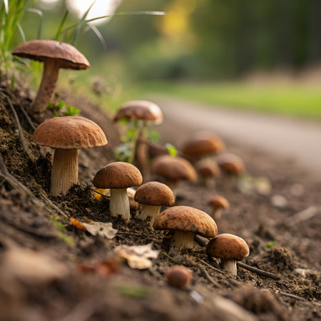 A group of brown cap mushrooms emerging from the soil on a forest floor, with a blurred path in the background during daytimeの素材