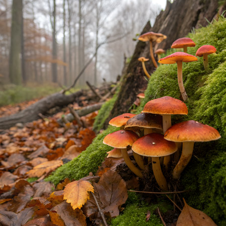 Cluster of vibrant orange mushrooms growing on a mosscovered tree stump in a misty autumn forest with fallen leaves on the groundの素材