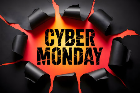 Bold cyber monday text is visible through a jagged tear in black paper, set against a vibrant, glowing red and orange background, highlighting dealsの素材