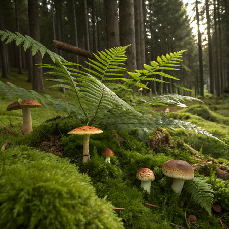 A serene forest landscape featuring numerous mushrooms growing on a mosscovered ground, with a large fern frond arching over the sceneの素材