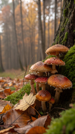 A cluster of vibrant red and white spotted fly agaric mushrooms growing on a mossy tree trunk in an autumnal forest with fallen leavesの素材