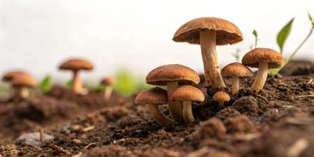 Several small brown mushrooms clustered together, growing from dark soil with green shoots in the background under a bright skyの素材