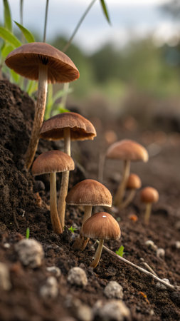 A cluster of small brown mushrooms growing on a dirt mound with a blurred background of green foliage and a hint of skyの素材