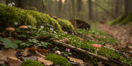 A closeup view of a forest floor with small mushrooms, delicate white flowers, and fallen leaves, hinting at the subtle beauty of natureの素材