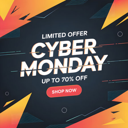 Cyber monday limited offer banner with up to 70 off and shop now button, dynamic design with abstract orange and yellow shapes on dark background, concept for online retail promotionの素材