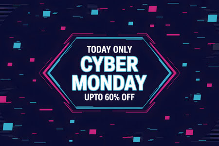 Cyber monday sale banner with glitch effect and upto 60 off offer, digital art with neon blue and pink geometric shapes on dark background, concept for online shopping promotionの素材