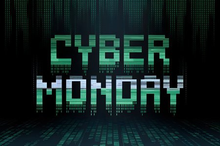 Cyber monday text in a digital, glitchy, pixelated font with a dark background and glowing green matrixstyle code effect, symbolizing online shopping and digital salesの素材