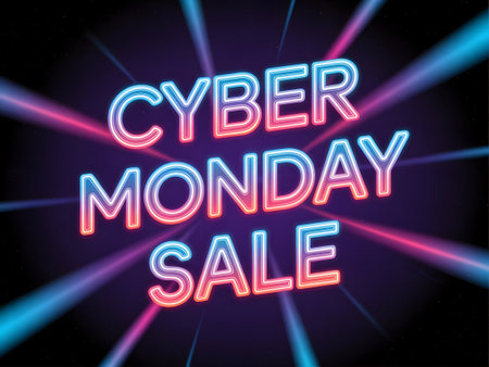 Cyber monday sale neon sign text with glowing effect and radiating light beams, vibrant colors and futuristic atmosphere for online shoppingの素材