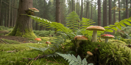 A cluster of vibrant red and white toadstools emerges from a mossy forest floor, surrounded by lush green ferns and tall trees in soft, natural lightの素材