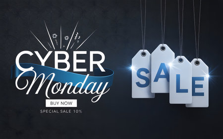 Cyber monday sale with hanging price tags and festive elements, promoting online shopping and dealsの素材