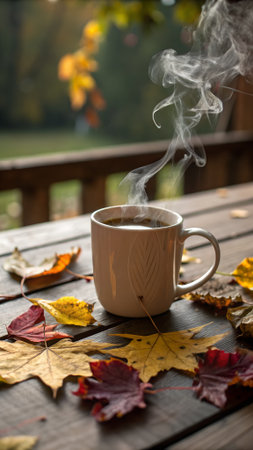 Steaming cup of coffee on a rustic wooden table surrounded by colorful autumn leaves, evoking a cozy fall morning atmosphereの素材