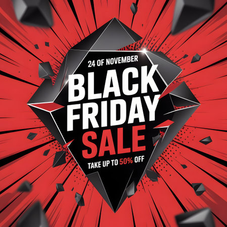 Black friday sale announcement with abstract geometric design and offer up to 50 off, dynamic exploding elements and radial burst backgroundの素材