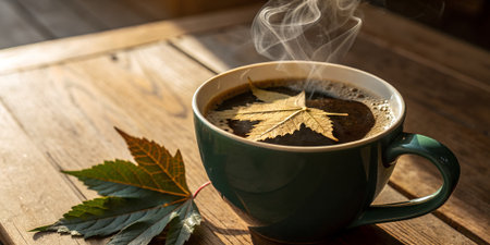 Steaming cup of coffee with a cannabis leaf floating on top, placed on a wooden table with another leaf beside it, morning lightの素材