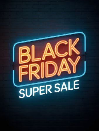 Black friday super sale neon sign glowing in the dark, advertising big discounts and special offers for holiday shopping seasonの素材