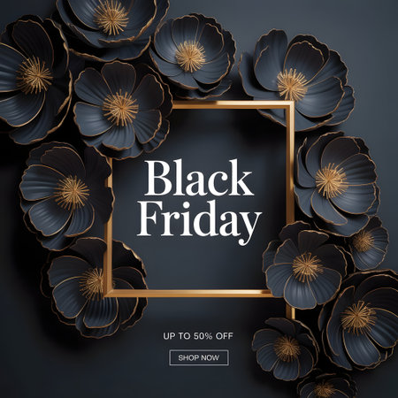 Elegant black friday advertisement featuring dark, luxurious floral arrangements surrounding a golden frame with sale details and a call to actionの素材