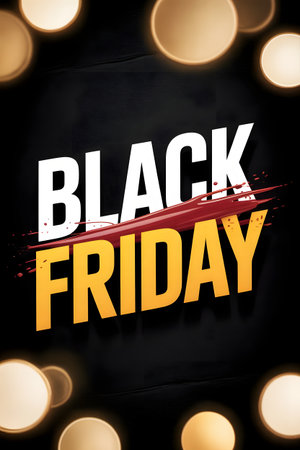Bold black friday text with a red brush stroke and bokeh lights, representing a major shopping event with significant discounts and sales opportunitiesの素材
