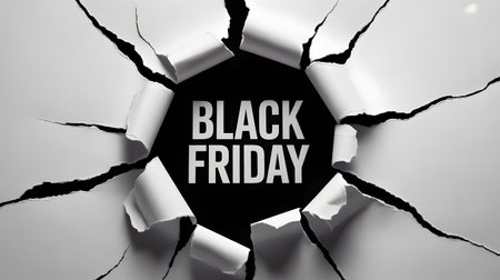 Black friday text emerging from torn paper, symbolizing a major shopping event and aggressive discounts for consumers during the holiday seasonの素材