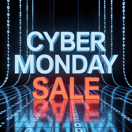 Cyber monday sale text in bold 3d letters with a futuristic digital tunnel background of binary code, representing online shopping, discounts, and special offersの素材