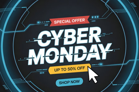 Cyber monday special offer banner with up to 50 off and shop now button, futuristic design with circular blue neon lines and glitch effect on dark background, concept for online shopping eventの素材