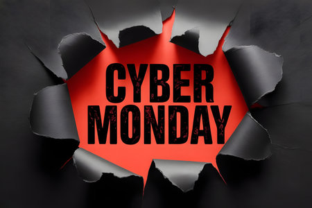 The words cyber monday are revealed through a torn black paper opening against a bright red background, symbolizing online shopping dealsの素材