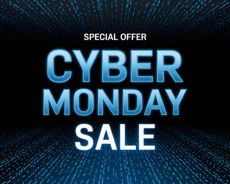 Cyber monday sale special offer with blue text on a dark background with digital light effectの素材