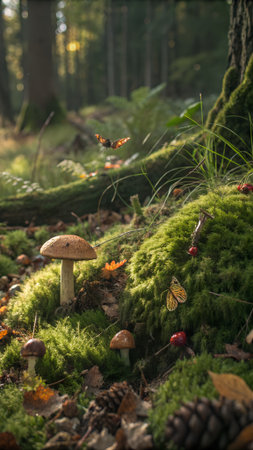 Sunlight illuminates a mosscovered forest floor with mushrooms and delicate butterflies fluttering amongst the vibrant greeneryの素材