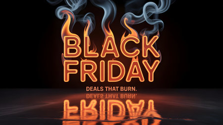 Black friday concept with fiery letters spelling out the holiday name, engulfed in flames and smoke, with a reflective surface below and the tagline deals that burn never burn outの素材