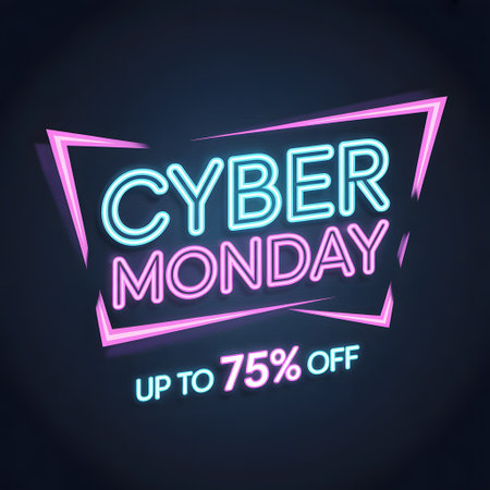 Cyber monday neon sign with text cyber monday up to 75 off in blue and pink colors on a dark background, perfect for online shopping promotions and digital advertisingの素材