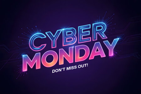 Cyber monday sale announcement with glowing neon text and sparkling effects on a dark purple background, promoting online shopping deals and discounts for the biggest shopping event of the yearの素材