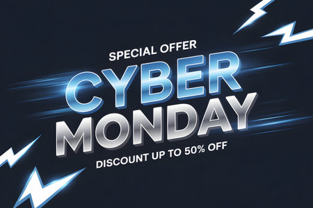 Cyber monday special offer with discount up to 50 off, featuring bold metallic text and lightning effects on a dark blue background, perfect for online shopping promotionsの素材