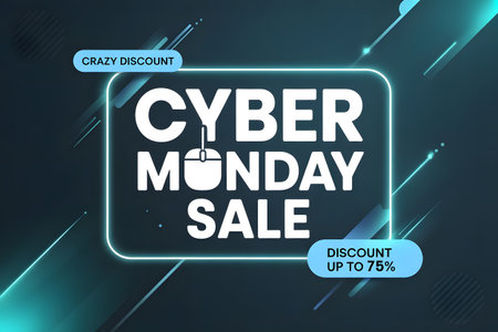 Cyber monday sale banner with glowing neon text, mouse cursor icon, and abstract digital background with diagonal linesの素材