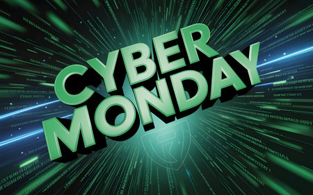 Cyber monday digital sale announcement with futuristic matrix background and green textの素材
