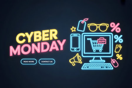 Cyber monday neon sign style graphic with computer, shopping cart, phone, glasses, megaphone, price tag and percentage symbols on dark background, online retail promotionの素材