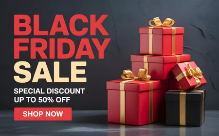Black friday sale announcement with bold red and yellow text, stacked gift boxes, and a shop now button on a dark backgroundの素材