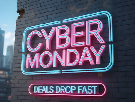 Cyber monday neon sign glowing on a brick wall with the text deals drop fast below, representing online shopping and retail promotionsの素材