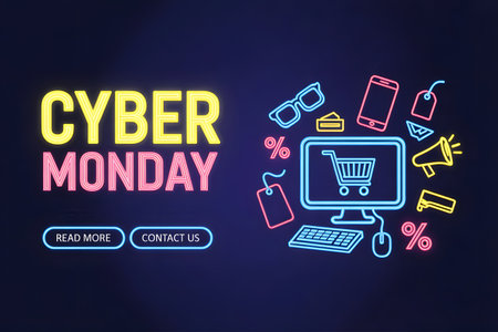 Cyber monday neon sign with shopping icons and buttons, representing online sales and discounts, on a dark blue backgroundの素材