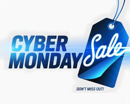 Cyber monday sale tag with blue gradient and handwritten style text, isolated on white background with abstract light streaksの素材