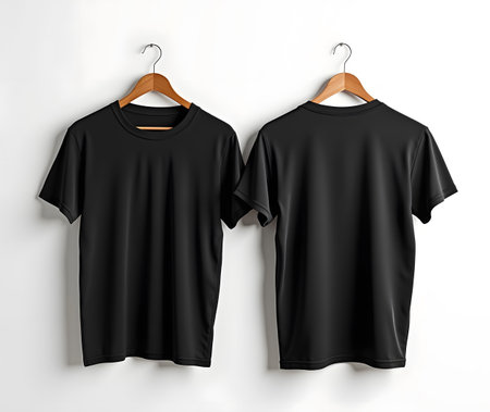 Two plain black tshirts, front and back view, hanging on wooden hangers against a white wall, isolated on white backgroundの素材