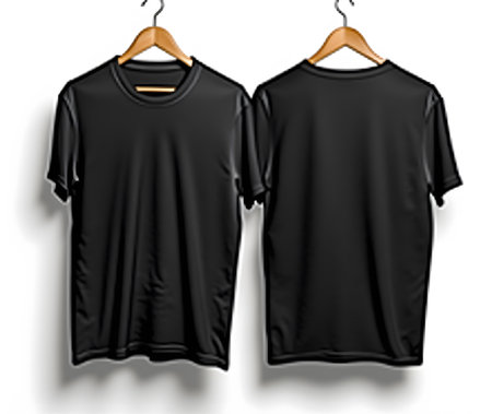A detailed front and back view of a black tshirt displayed on a hanger, isolated on a clean white background, perfect for ecommerce and design mockupsの素材