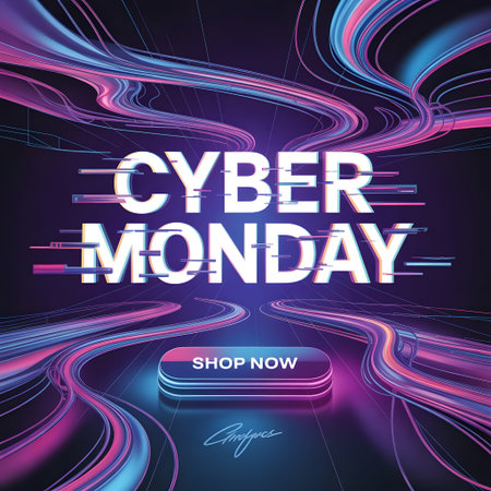 Cyber monday sale banner with glowing abstract lines and a shop now button, perfect for online retail promotions and digital marketing campaignsの素材