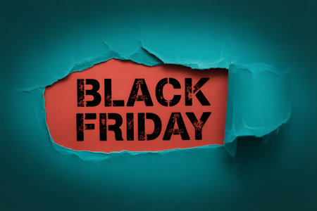 Torn paper revealing a bold black friday text on a vibrant red background, symbolizing a major shopping event and deep discountsの素材