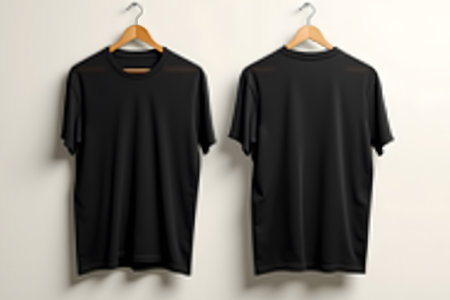A pair of black tshirts, one showing the front and the other the back, are presented on wooden hangers against a textured offwhite wallの素材