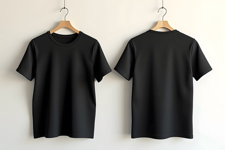 Two views, front and back, of a black tshirt presented on a hanger against a white wall, ideal for showcasing clothing designs and product detailsの素材